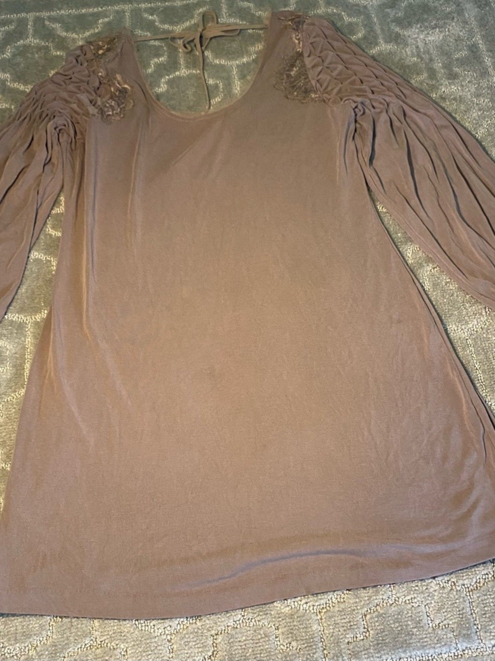 Free People Boho Tunic Dress‎ Large Taupe Lace Ruched Romantic Flowy Cottagecore - Picture 2 of 10